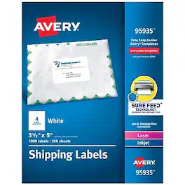Avery - Sure Feed Laser/Inkjet Shipping Labels, 3-1/2" x 5", 1,000 Labels/Box - White