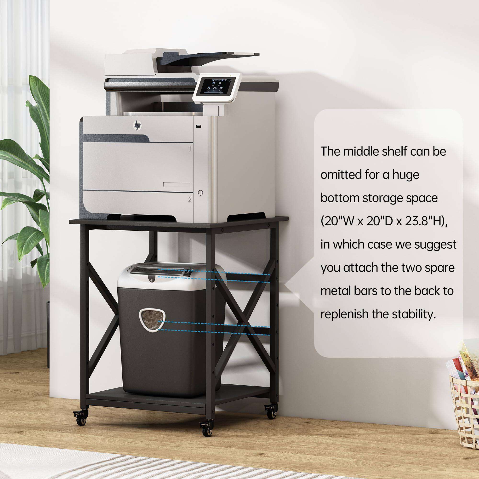 The middle shelf can be omitted for a huge bottom storage space (20"W x 20"D x 23.8"H), in which case we suggest you attach the two spare metal bars to the back to replenish the stability.