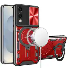 Front. Kitcheniva - Hybrid Magnetic Ring Stand Phone Case With Camera Protection And Tempered Glass For Samsung S25 Edge Red - Red.