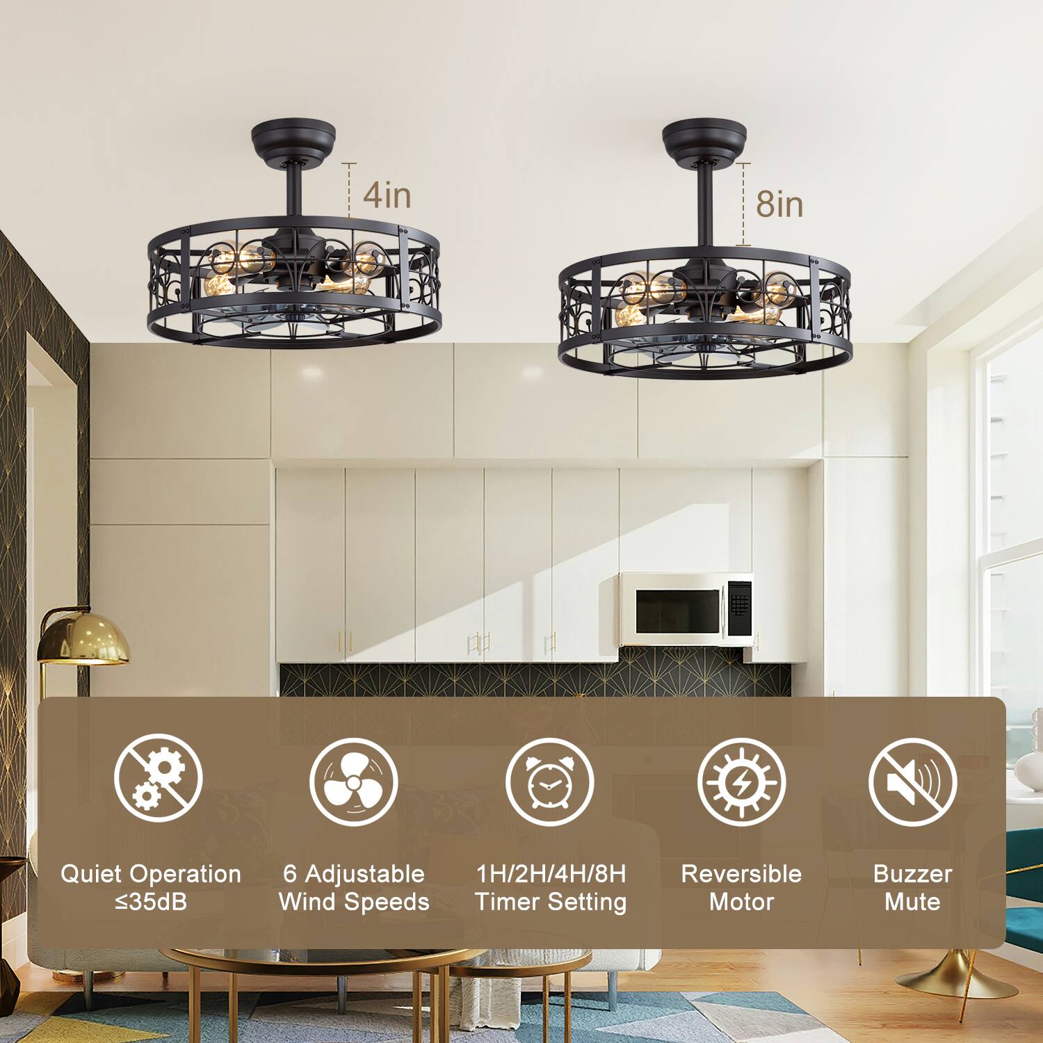 4in 8in Quiet Operation <35dB 6 Adjustable Wind Speeds 1H/2H/4H/8H Timer Setting Reversible Motor Buzzer Mute