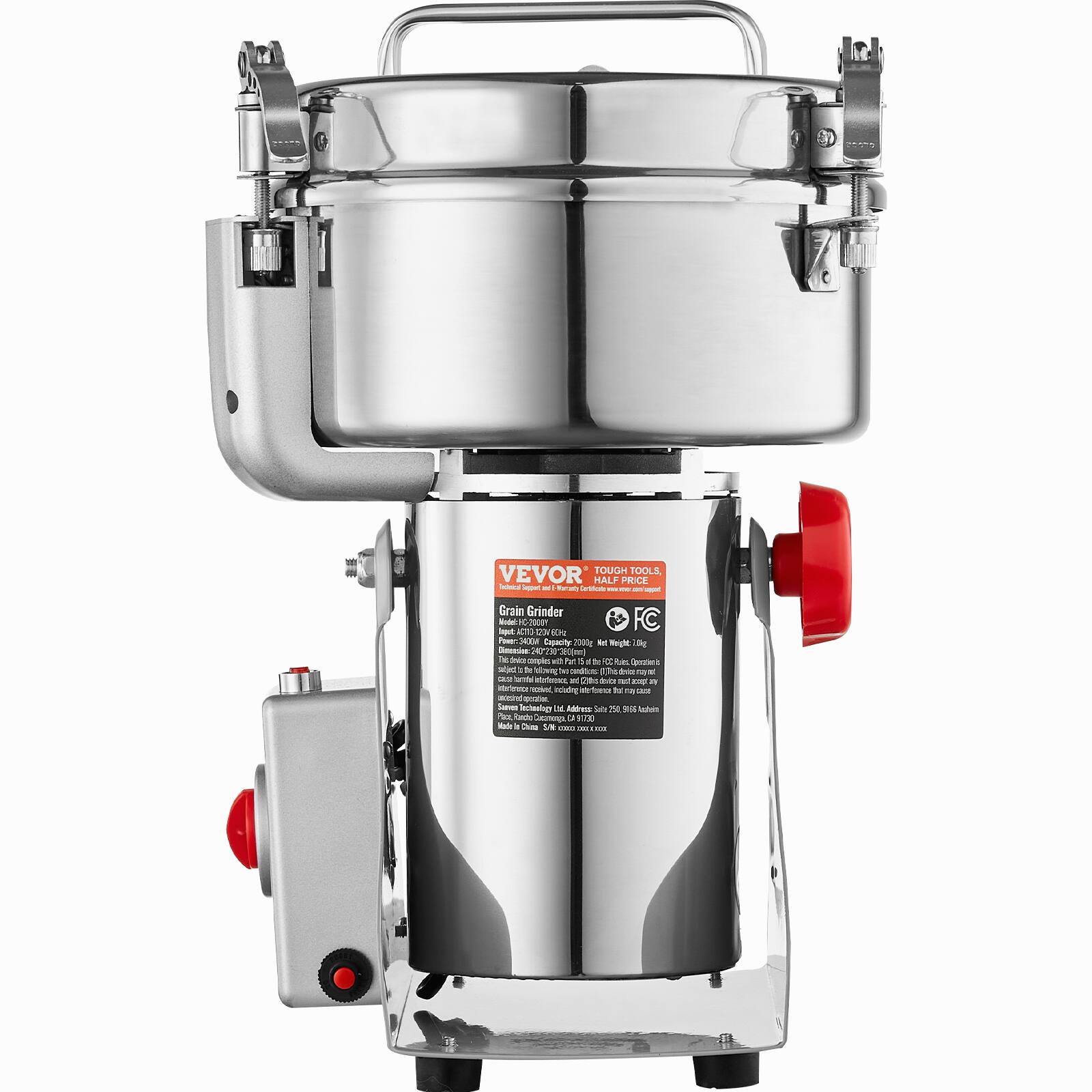 VEVOR TOUGH TOOLS HALF PRICE - Grain Grinder Model: 10-29091 - Net Weight: 1.5 kg - Capacity: 200N - Reg. No: 208 - Plant: 4 - Safety Instructions - Made in China - Address: 250 - Abes Pa - SE - a Che S - ...