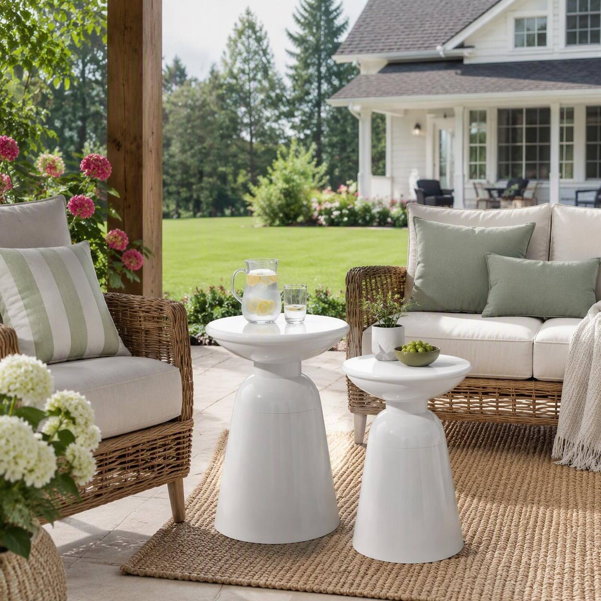 Back. RYHNUYNE - Outdoor Side Table Set of 2 White Powder-Coated Accent Tables with Flared Pedestal Base for Patio Garden Balcony - White.