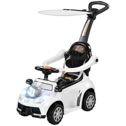 Front. BreeBe - Qaba 3-in-1 Push Car for Kids 1-3 Years, Ride On Sliding Car with Removable Handle, Music, Horn, Canopy, Safety Rail - White.
