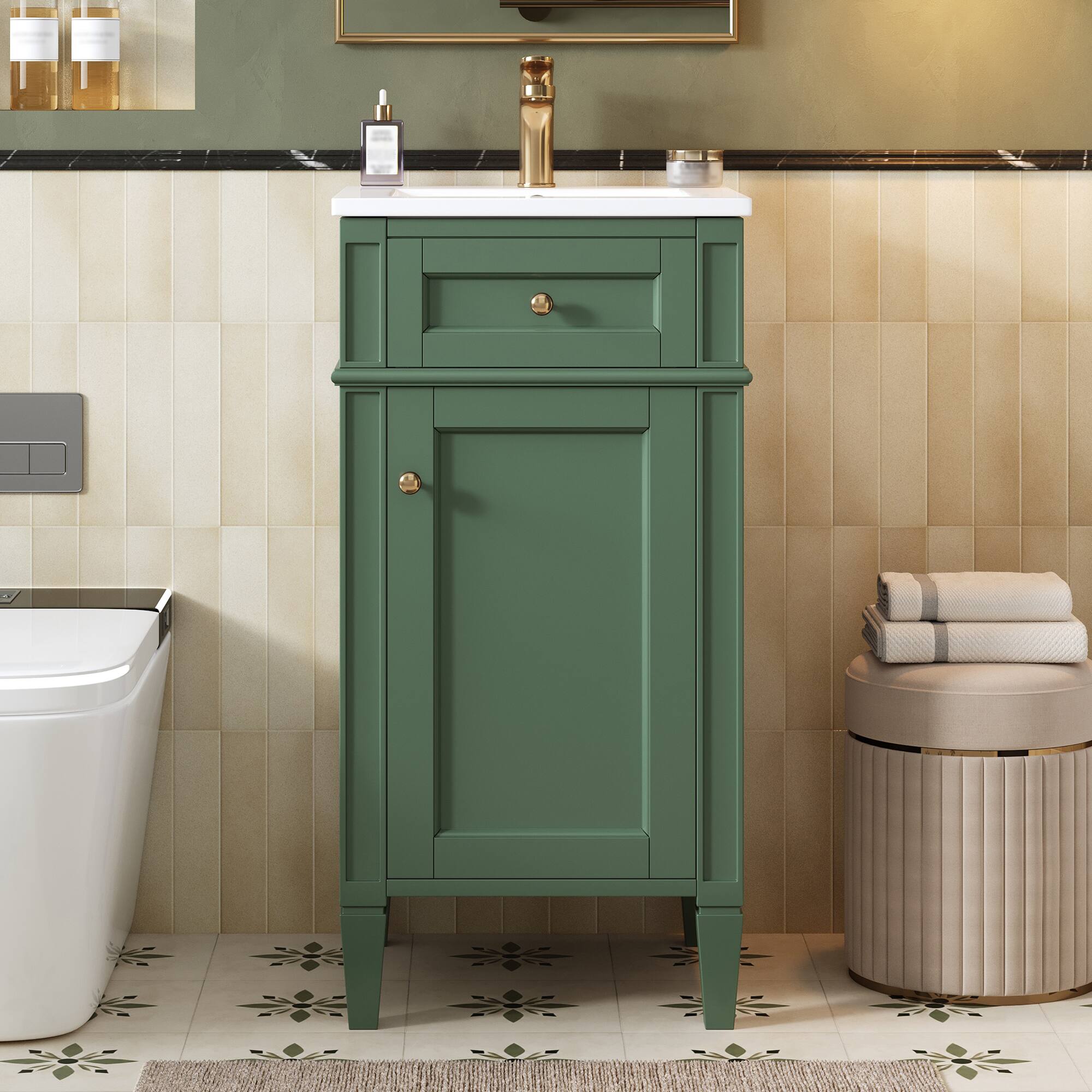 Back. JUJABU - Green 16-inch Freestanding Bathroom Vanity with Ceramic Sink and Adjustable Shelf - Green.
