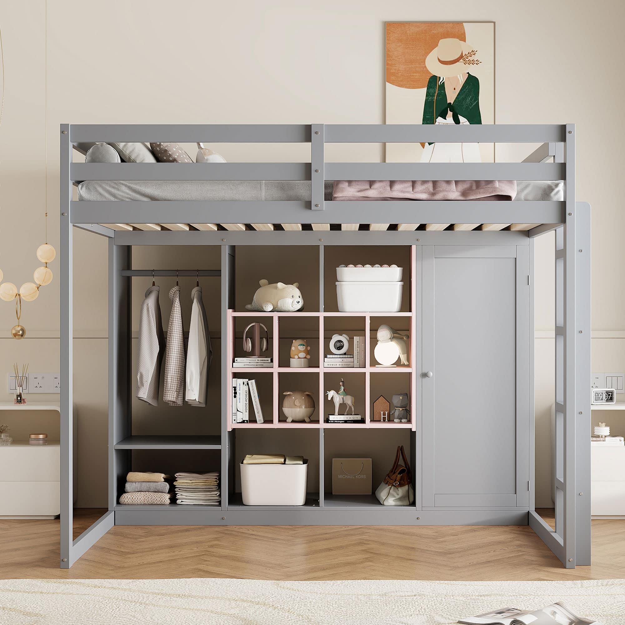 Anysun - Full Size Wood Loft Bed with Wardrobe, shelves and Cabinet - Gray