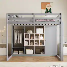 Anysun - Full Size Wood Loft Bed with Wardrobe, shelves and Cabinet - Gray