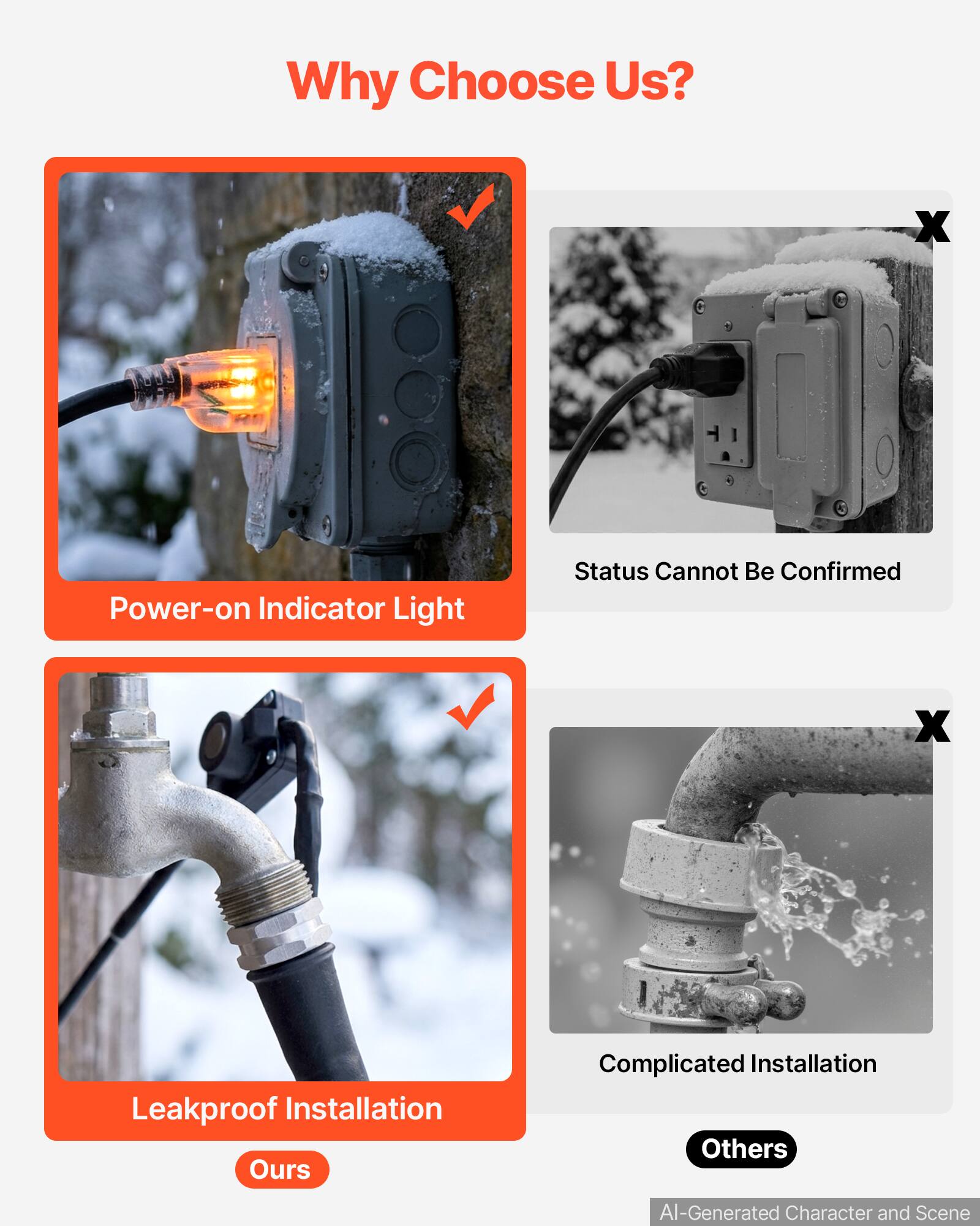 Why Choose Us?

- Power-on Indicator Light
- Status Cannot Be Confirmed
- Leakproof Installation
- Complicated Installation

Ours
Others

AI-Generated Character and Scene