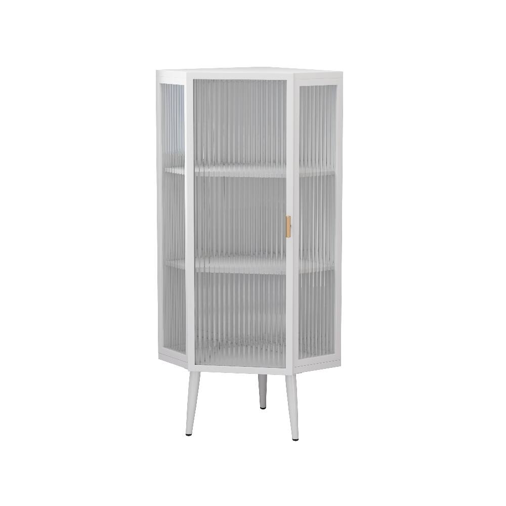 Back. Loheer - Loheer White Floor Corner Cabinet, Freestanding Metal Storage with Tempered Glass Doors for Bathroom - White.