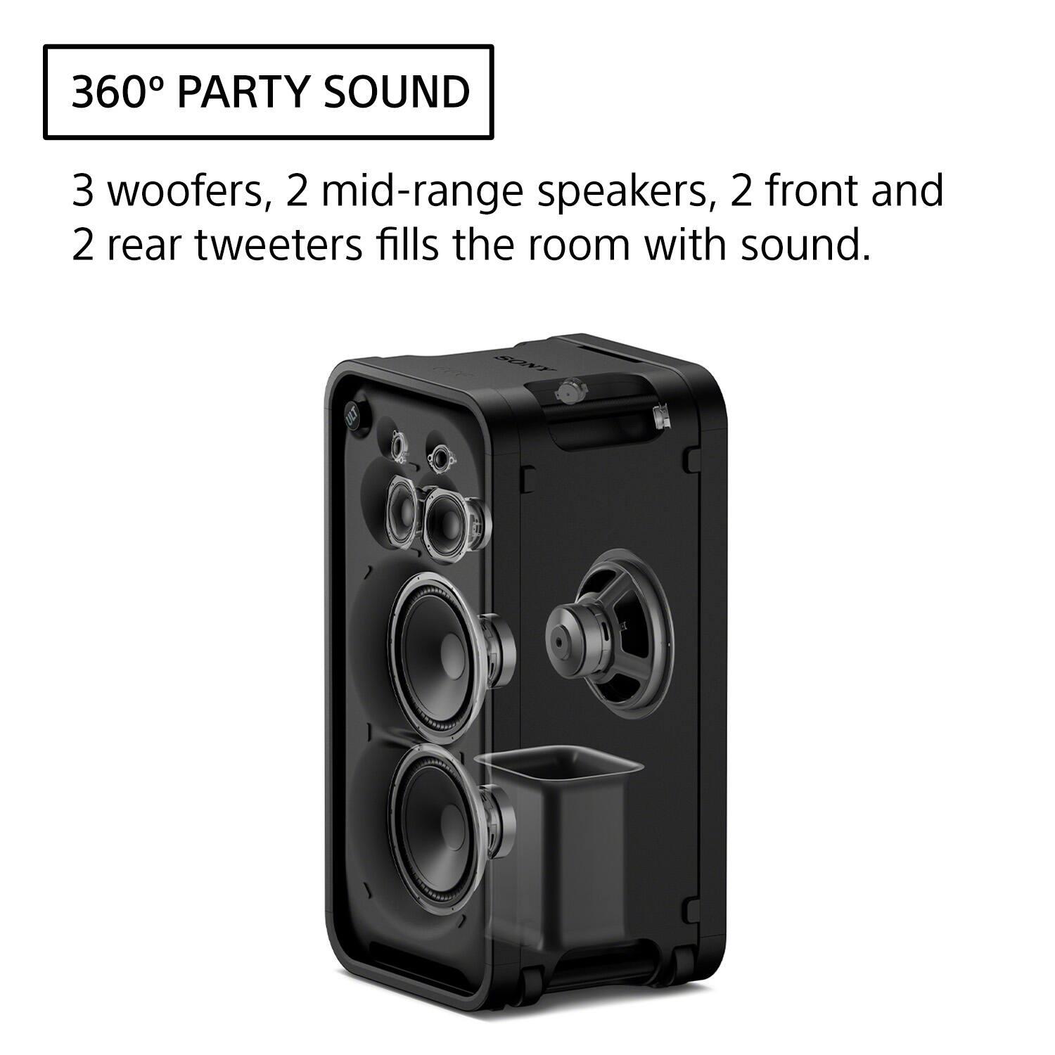 360° PARTY SOUND

3 woofers, 2 mid-range speakers, 2 front and 2 rear tweeters fills the room with sound.