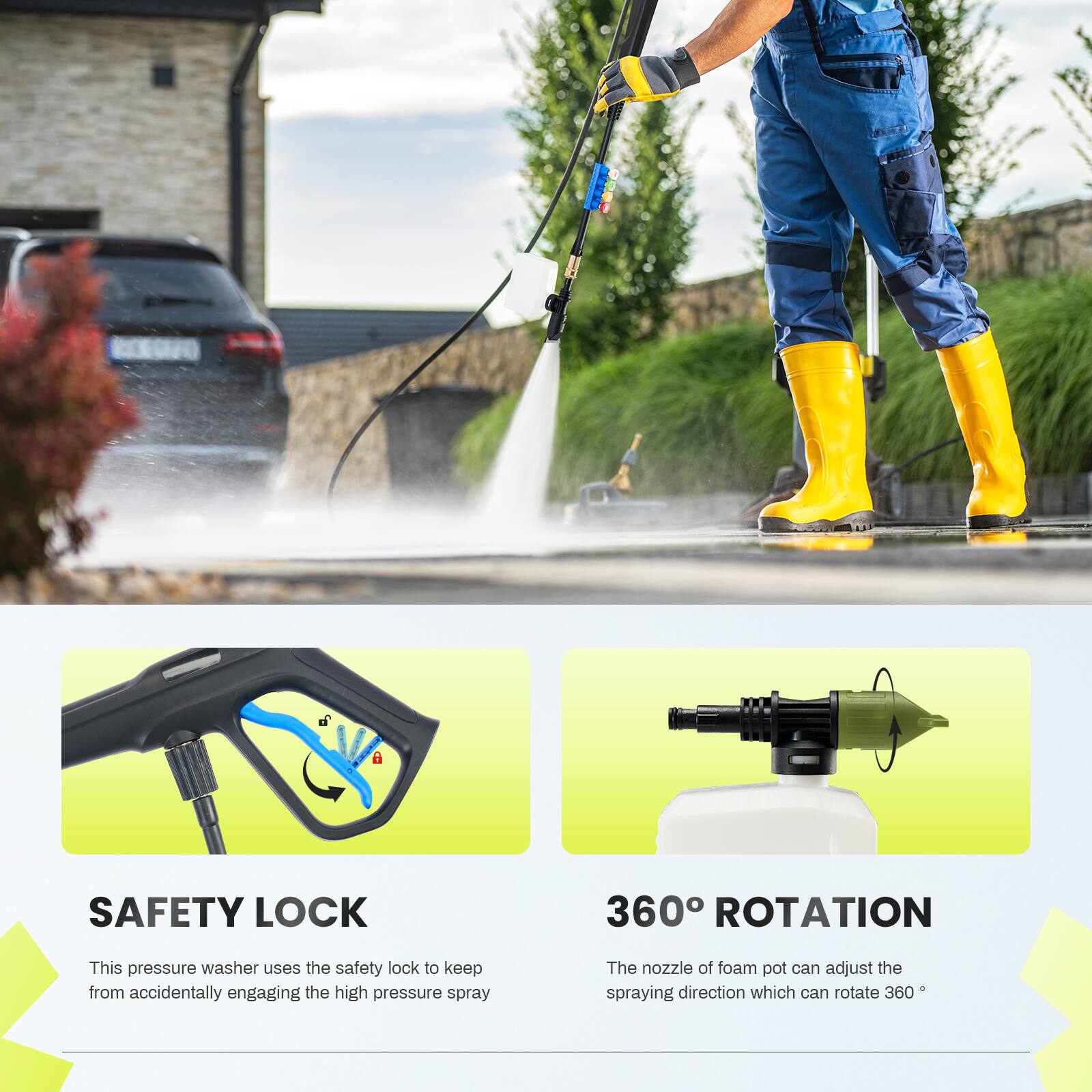 **SAFETY LOCK**  
This pressure washer uses the safety lock to keep from accidentally engaging the high pressure spray.

**360° ROTATION**  
The nozzle of foam pot can adjust the spraying direction which can rotate 360°.