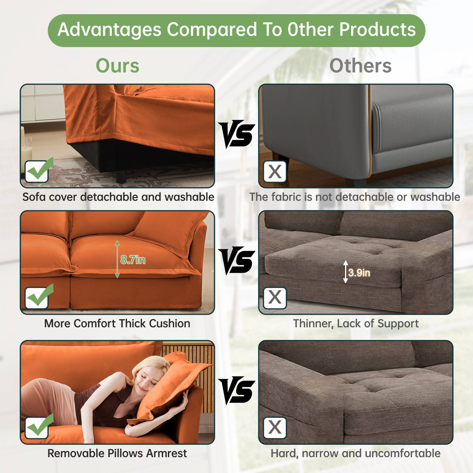 Advantages Compared To Other Products

Ours VS Others

- Sofa cover detachable and washable
  - The fabric is not detachable or washable

- 8.7in VS 3.9in
  - More Comfort Thick Cushion
  - Thinner, Lack of Support

- Removable Pillows Armrest
  - Hard, narrow and uncomfortable