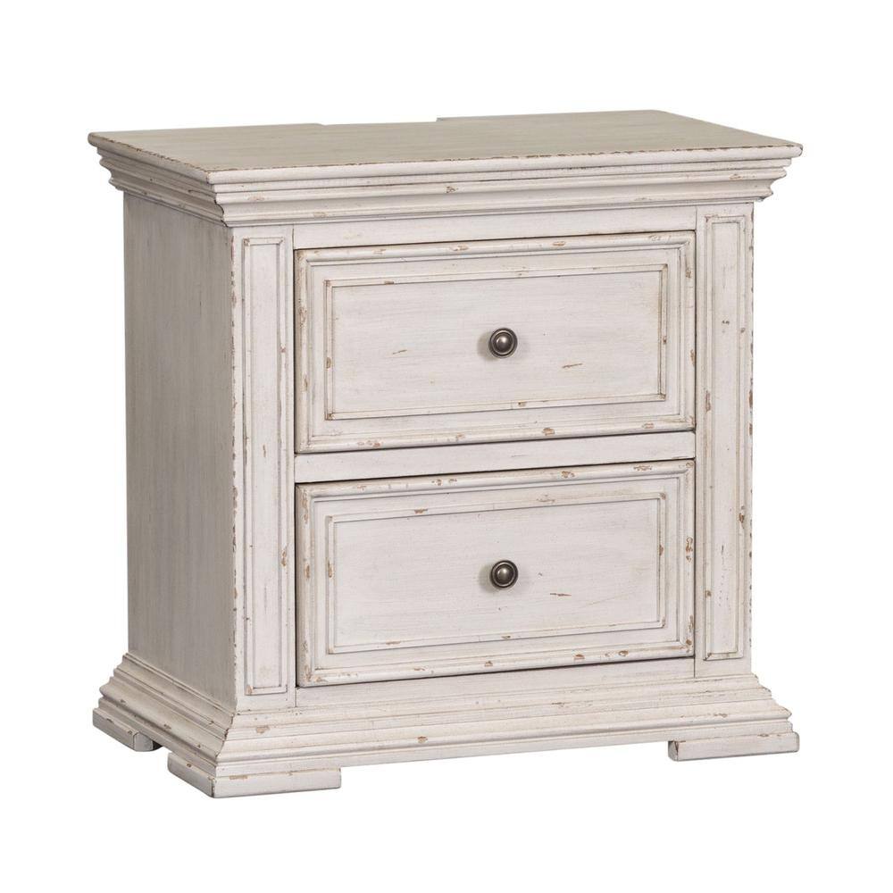 Left. Liberty Furniture Industries - Big Valley Bedside Chest w/ Charging Station in Whitestone w/ Heavy Distressing - White.