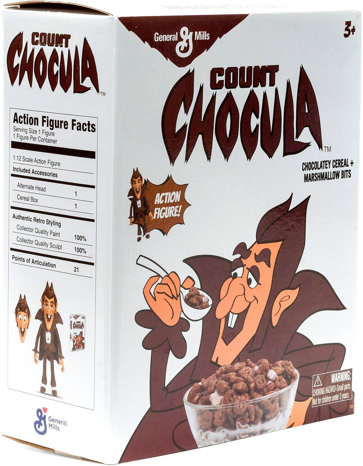 General Mills  
COUNT CHOCULA™  

Action Figure Facts  
Serving Size 1 Figure  
1 Figure Per Container  

1:12 Scale Action Figure  
Included Accessories  
- Alternate Head 1  
- Cereal Box 1  

Authentic Retro Styling  
Collector Quality Paint 100%  
Collector Quality Sculpt 100%  
Points of Articulation 21  

General Mills  
WARNING: CHOKING HAZARD-Small parts. Not for children under 3 years.  

General Mills  
COUNT CHOCULA™  
CHOCOLATEY CEREAL + MARSHMALLOW BITS  

ACTION FIGURE!  

General Mills