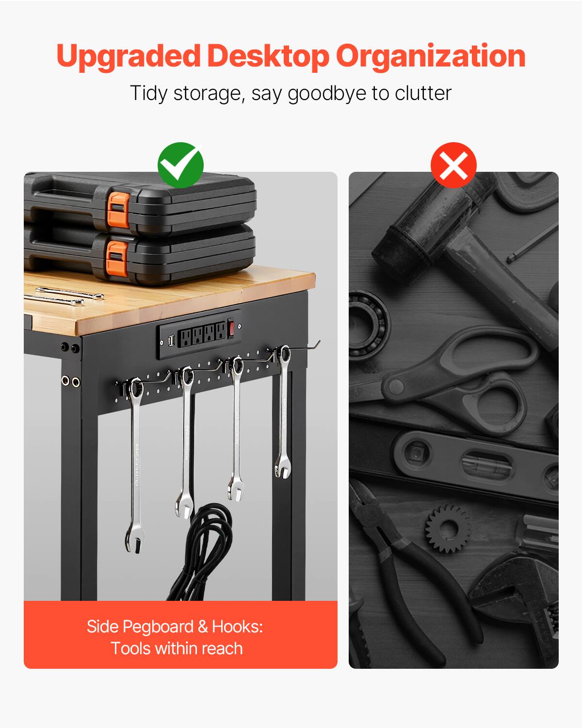 Upgraded Desktop Organization  
Tidy storage, say goodbye to clutter  

Side Pegboard & Hooks:  
Tools within reach