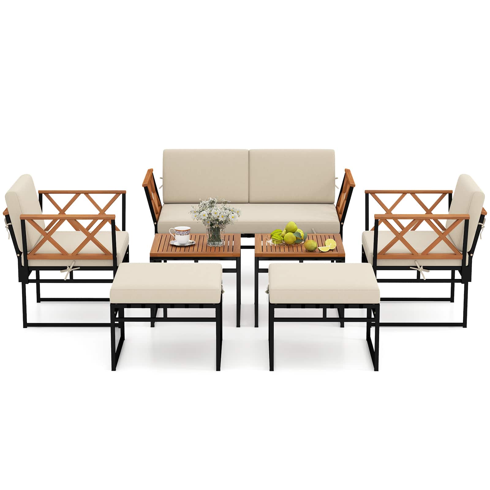 Gymax - Set Of 7 Outdoor Conversation Set Acacia Wood Chairs & Coffee Tables Set w/Ottomans - Brown, Black price history on PriceWatchPro