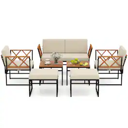 Gymax - Set Of 7 Outdoor Conversation Set Acacia Wood Chairs & Coffee Tables Set w/Ottomans - Brown, Black