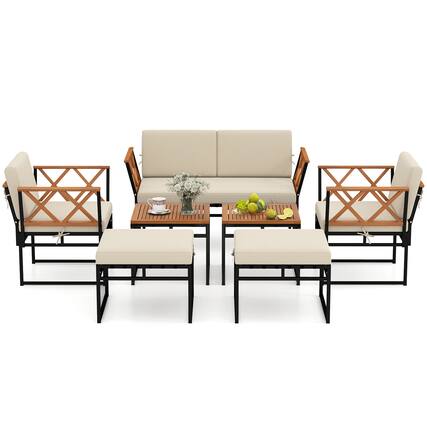 Front. Gymax - Gymax Set Of 7 Outdoor Conversation Set Acacia Wood Chairs & Coffee Tables Set w/Ottomans - Brown, Black.