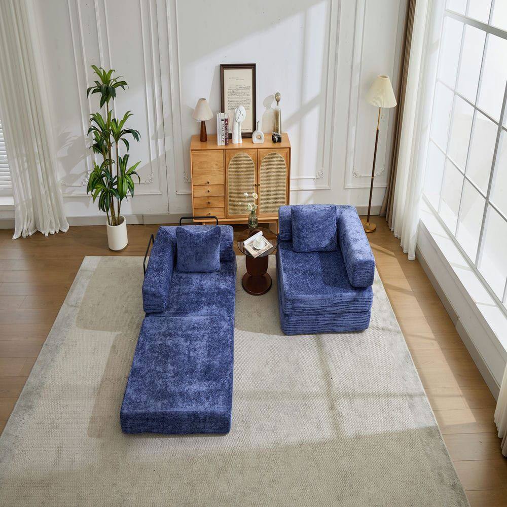 Left. Kadyn - Convertible Compression Sofa, Fixed-Frame Floor Bed with Boneless Chenille Sectional, Dark Blue - Blue.