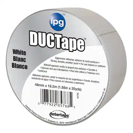 **ipg DUCTape**
**White Blanc Blanco**
Aggressive adhesive, adheres to most surfaces • Strong, durable, weather proof • For use indoors or outdoors
Adhéssif agressif, scelle la plupart des surfaces • Durable à l'extérieur • Peut être utilisé à l'intérieur et à l'extérieur
Adhesivo agresivo, sella la mayoría de las superficies • Fuerte, duradera, resistente al agua • Para usarse en interiores y exteriores
48mm x 18.2m (1.88in x 20yds)
**Intertape Polymer Group Inc.**
Made in USA • Fabricado en E.U. • Fabriqué aux E.-U.
Bradenton, FL 34210
www.itape.com
**0 77922 85768**