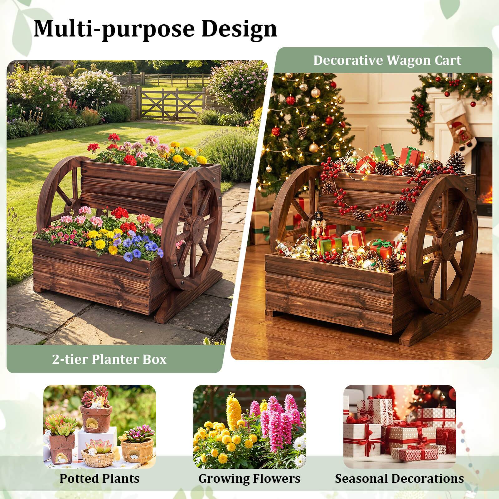 Multi-purpose Design  
Decorative Wagon Cart  
2-tier Planter Box  
Potted Plants  
Growing Flowers  
Seasonal Decorations