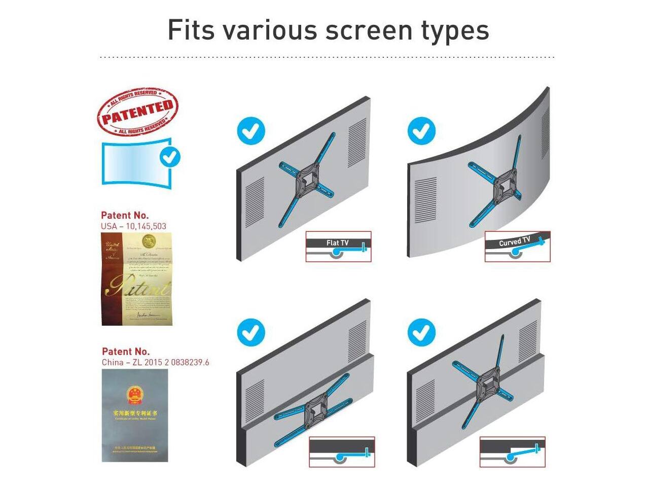 Fits various screen types

RESERVED RIGHTS ALL PATENTED ALL RIGHTS RESERVED

Patent No. USA - 10,145,503

Flat TV

Curved TV

Rateral

Patent No. China - ZL 2015 2 0838239.6