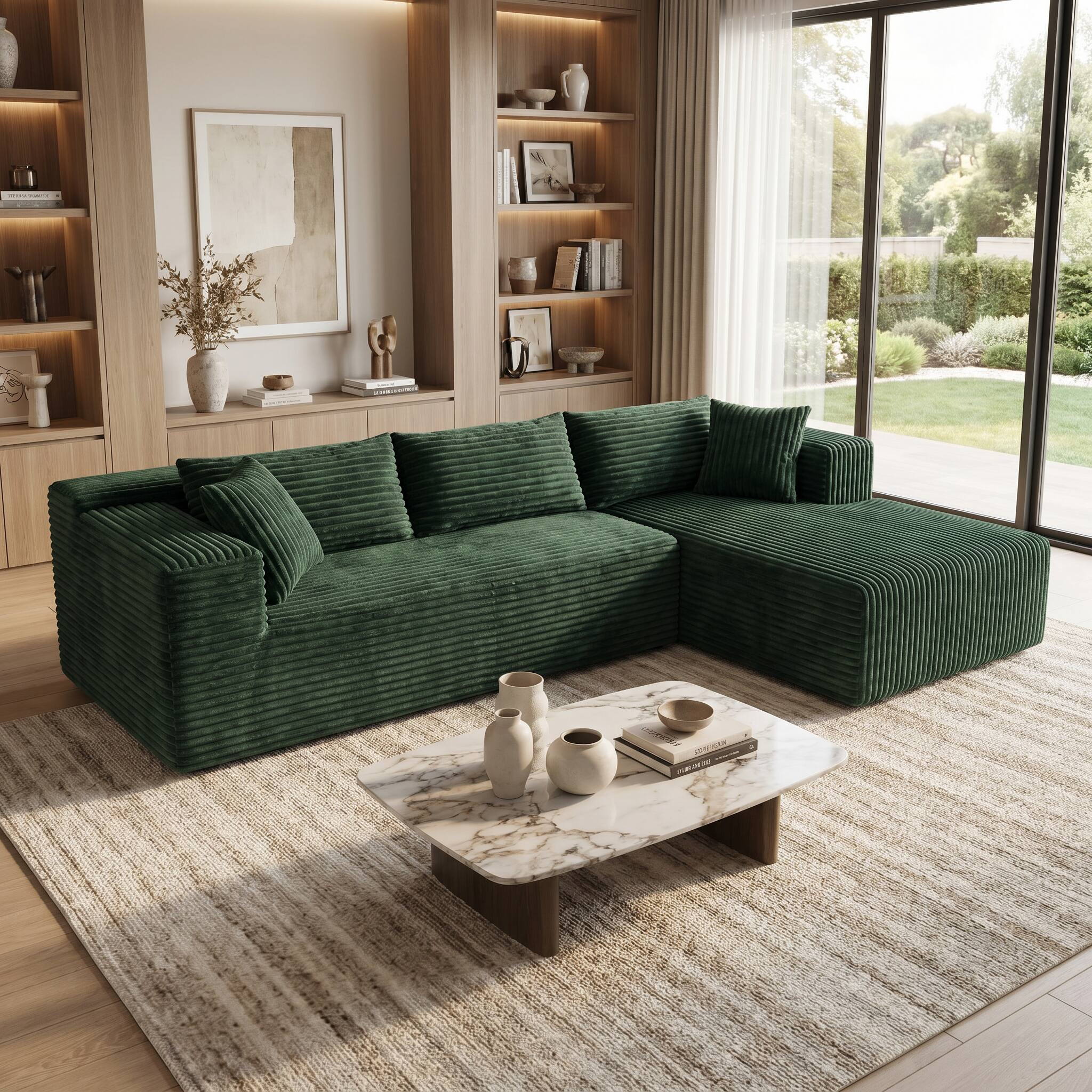 Alt View 1. FUFU & GAGA - Modular Corduroy L-Shaped Sectional Sofa with Chaise, High-Density Rebound Sponge Cushions Tool-Free Assembly - Dark Green.