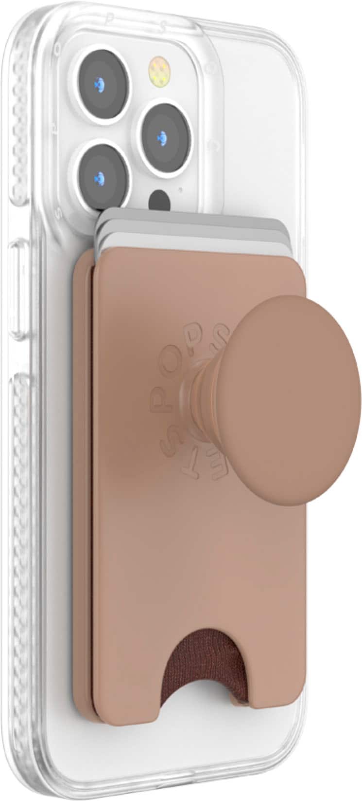 The image shows a white and brown case for a cell phone. The case has a hole in the center, which is designed to hold the phone securely. The case is made of plastic and has a clear front, allowing the phone to be visible through the case. The case is designed to protect the phone from scratches and minor impacts.