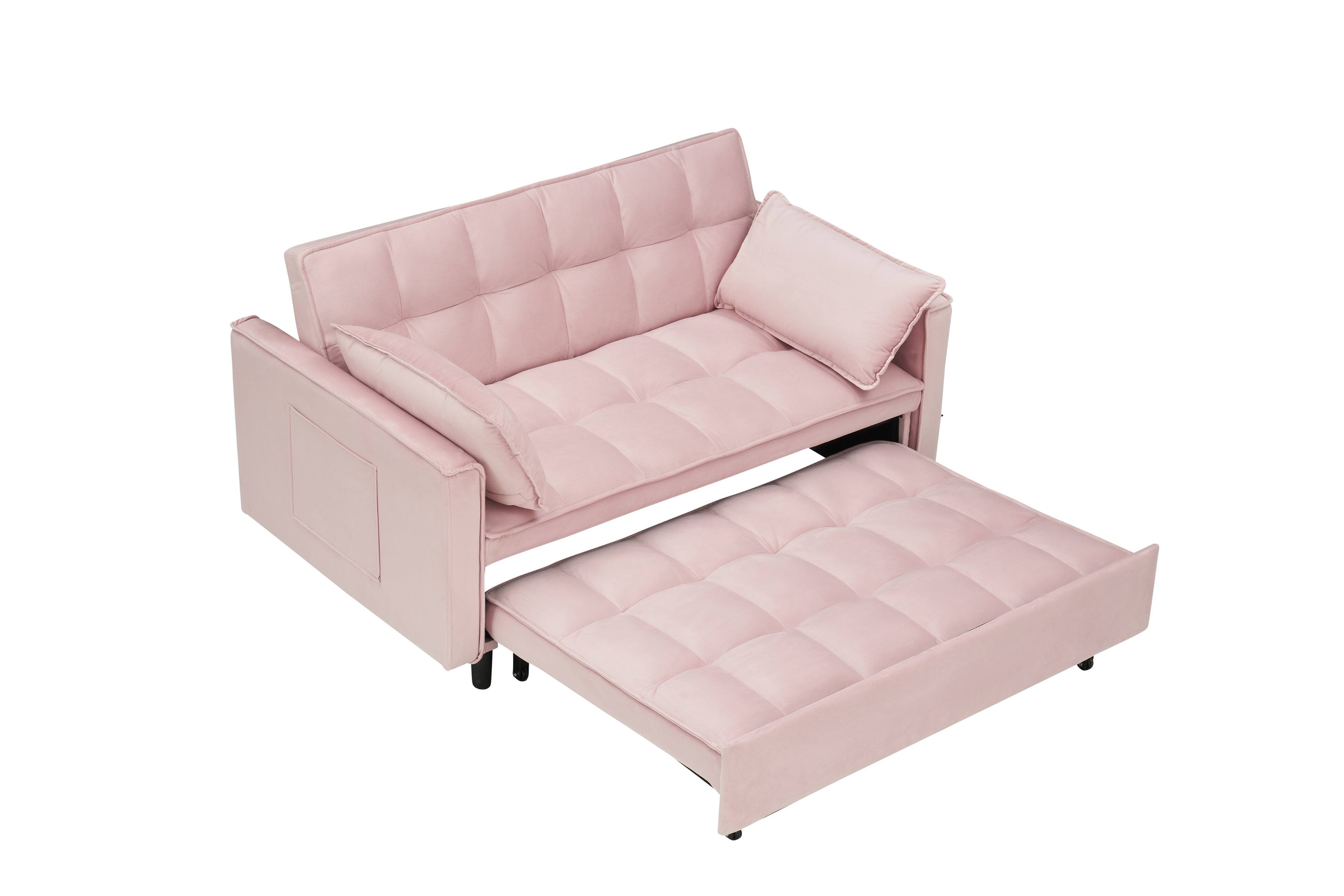Angle. Trinkets Crazed - 3 in 1 Velvet Convertible Sleeper Sofa Bed, Futon Couches for Living Room with Side Pocket/Adjustable Backrest - Pink.