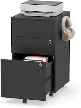 Costway - 3 Drawer Filing Cabinet Locking Pedestal Under Desk Home Office W/Wheels - Black