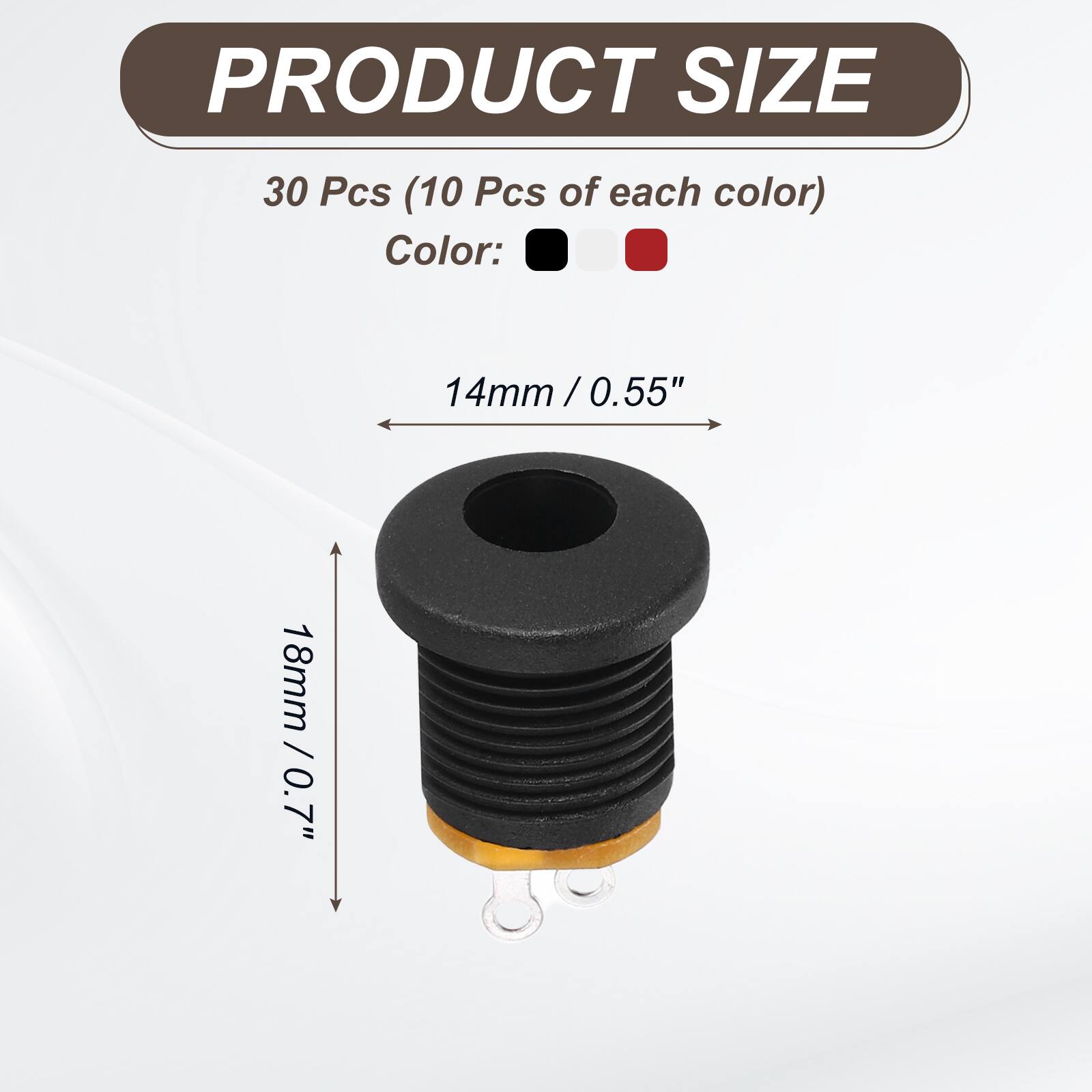PRODUCT SIZE  
30 Pcs (10 Pcs of each color)  
Color: 14mm / 0.55" / 18mm / 0.7"