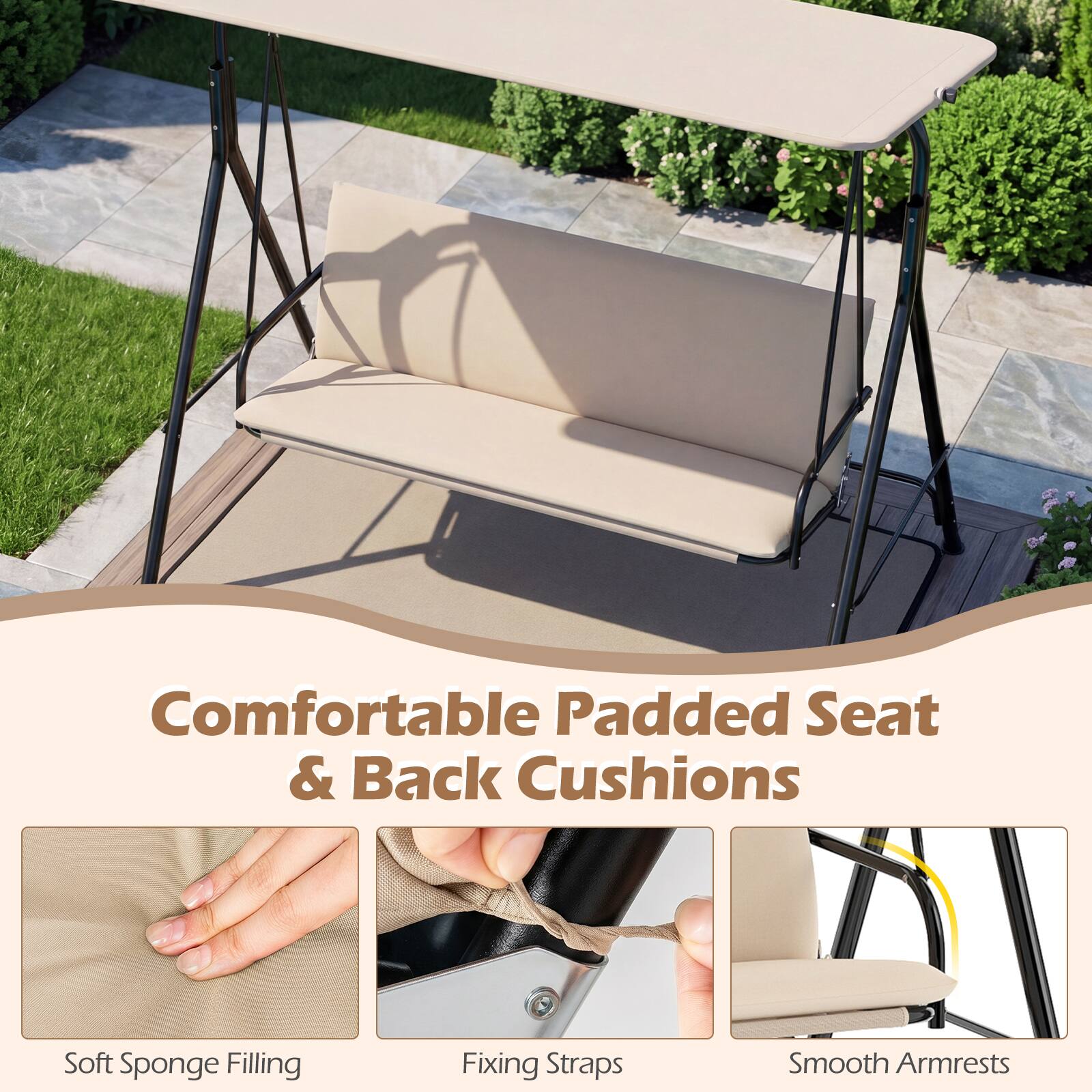 Comfortable Padded Seat & Back Cushions  
Soft Sponge Filling  
Fixing Straps  
Smooth Armrests