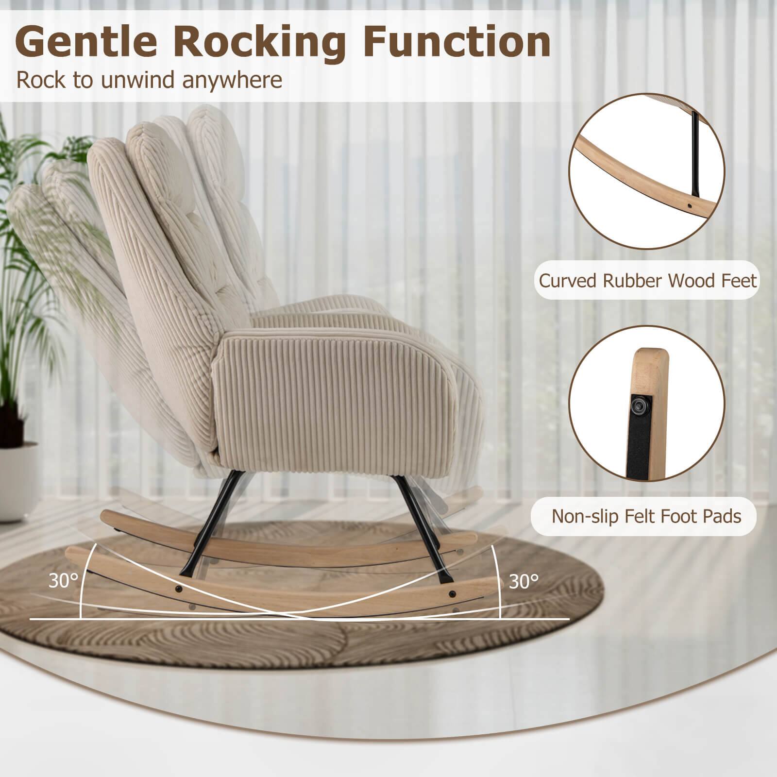 Gentle Rocking Function  
Rock to unwind anywhere  

Curved Rubber Wood Feet  
Non-slip Felt Foot Pads  

30°  
30°