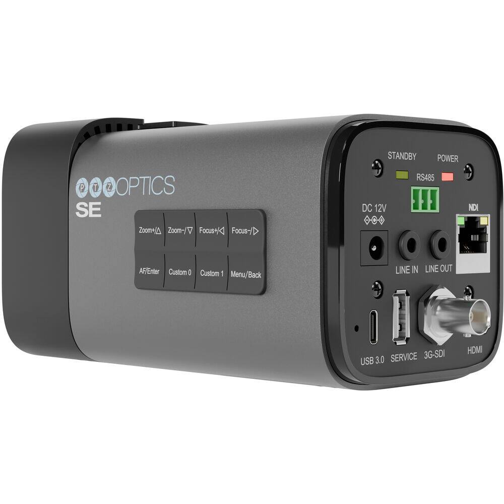 P T Z OPTICS SE

Zoom+ Zoom- Focus+ Focus- STANDBY POWER RS485 DC 12V C NDI AF/Enter Custom 0 Custom 1 Menu/Back LINE IN LINE OUT SERVICE 3G-SDI USB 3.0 HDMI