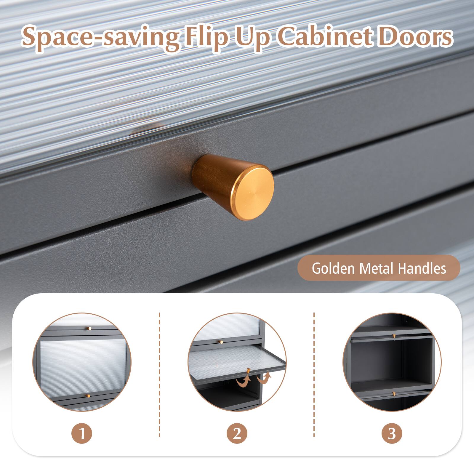 Space-saving Flip Up Cabinet Doors

Golden Metal Handles

1
2
3
