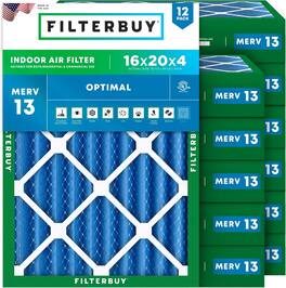 Filterbuy - 16x20x4 MERV 13 Smoke & Allergy Defense, Electrostatic Pleated HVAC AC Furnace Air Filters Replacement (12-Pack) - Blue