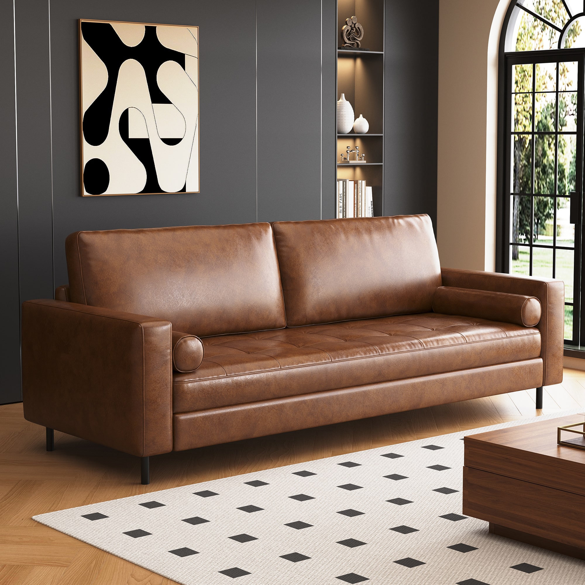 luck idea - 80.31" Vintage High-End Oil-Waxed Leather Sofa with Solid Frame for Living Room - Brown