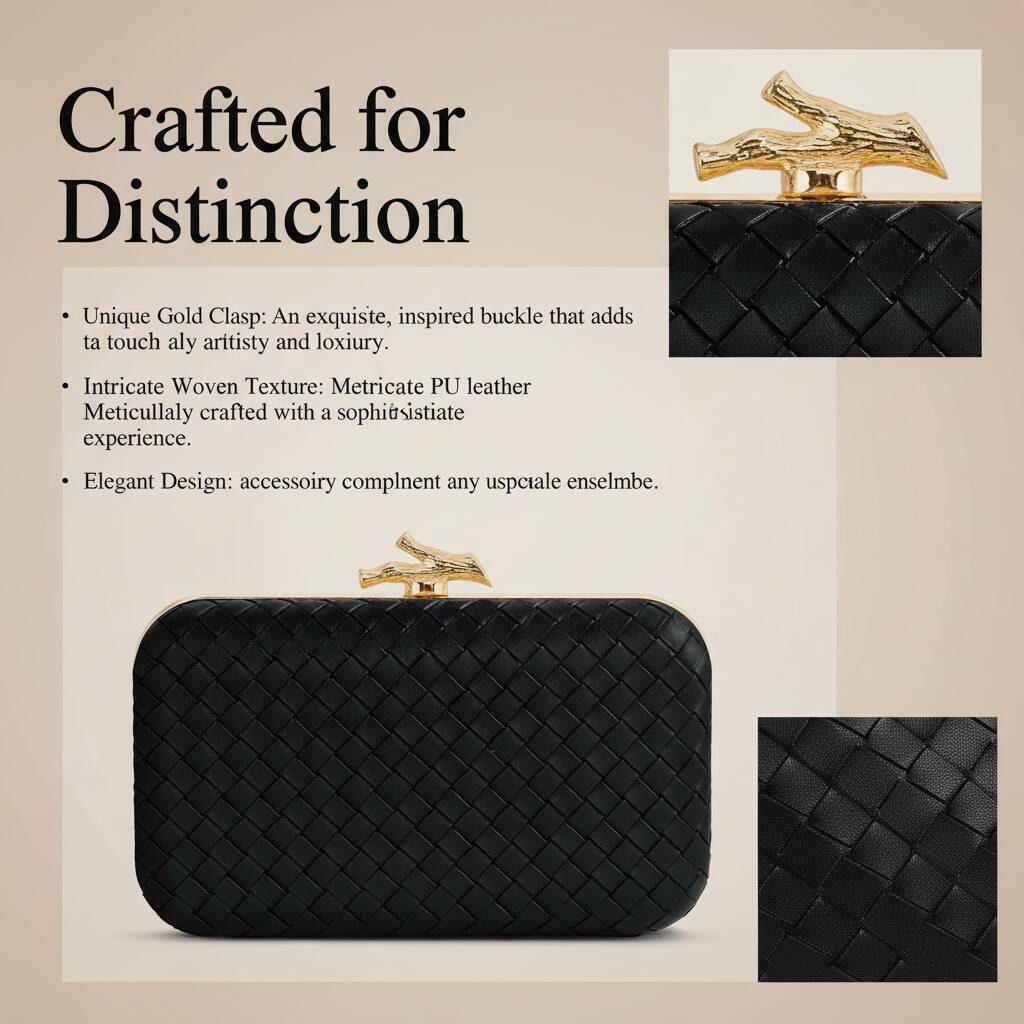 Crafted for Distinction

- Unique Gold Clasp: An exquisite, inspired buckle that adds a touch of artistry and luxury.
- Intricate Woven Texture: Meticulate PU leather meticulously crafted with a sophisticated experience.
- Elegant Design: Accessory complement any upscale ensemble.
