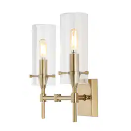 Jonathan Y - Cato 13.5" 2-Light Modern Farmhouse Iron/Glass LED Vanity, /Clear - Brass Gold