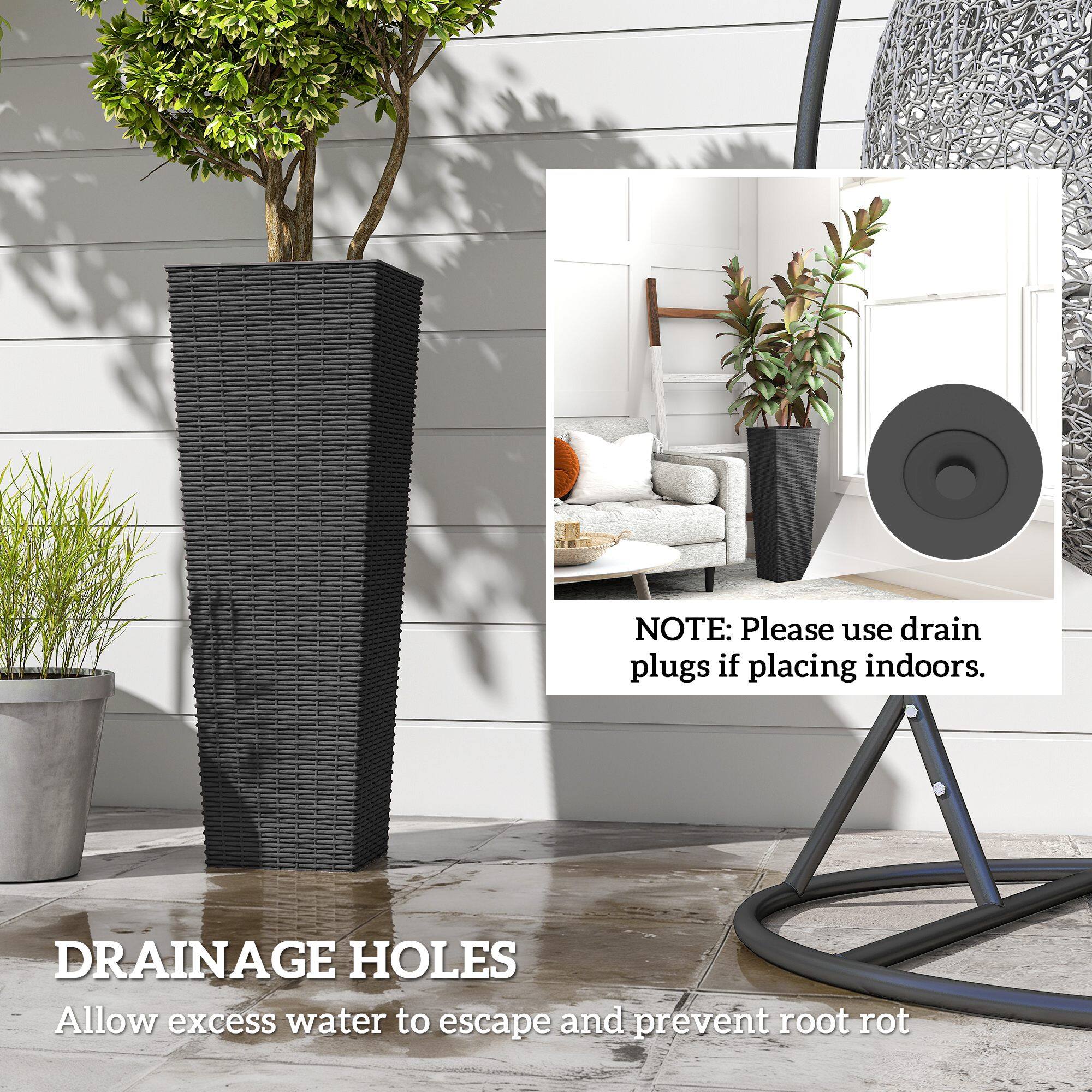 **DRAINAGE HOLES**  
Allow excess water to escape and prevent root rot  

**NOTE:** Please use drain plugs if placing indoors.