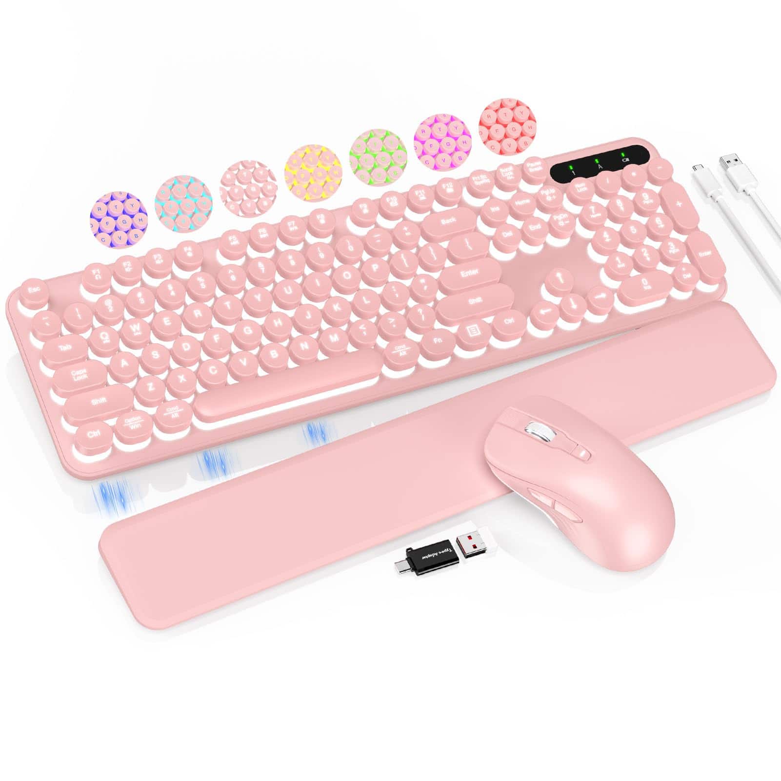 Empire DigiLabs - Wireless And Mouse Combo Retro Round Keycaps Full size Cute Typewriter With Large Phone tablet Holder Auto - Pink