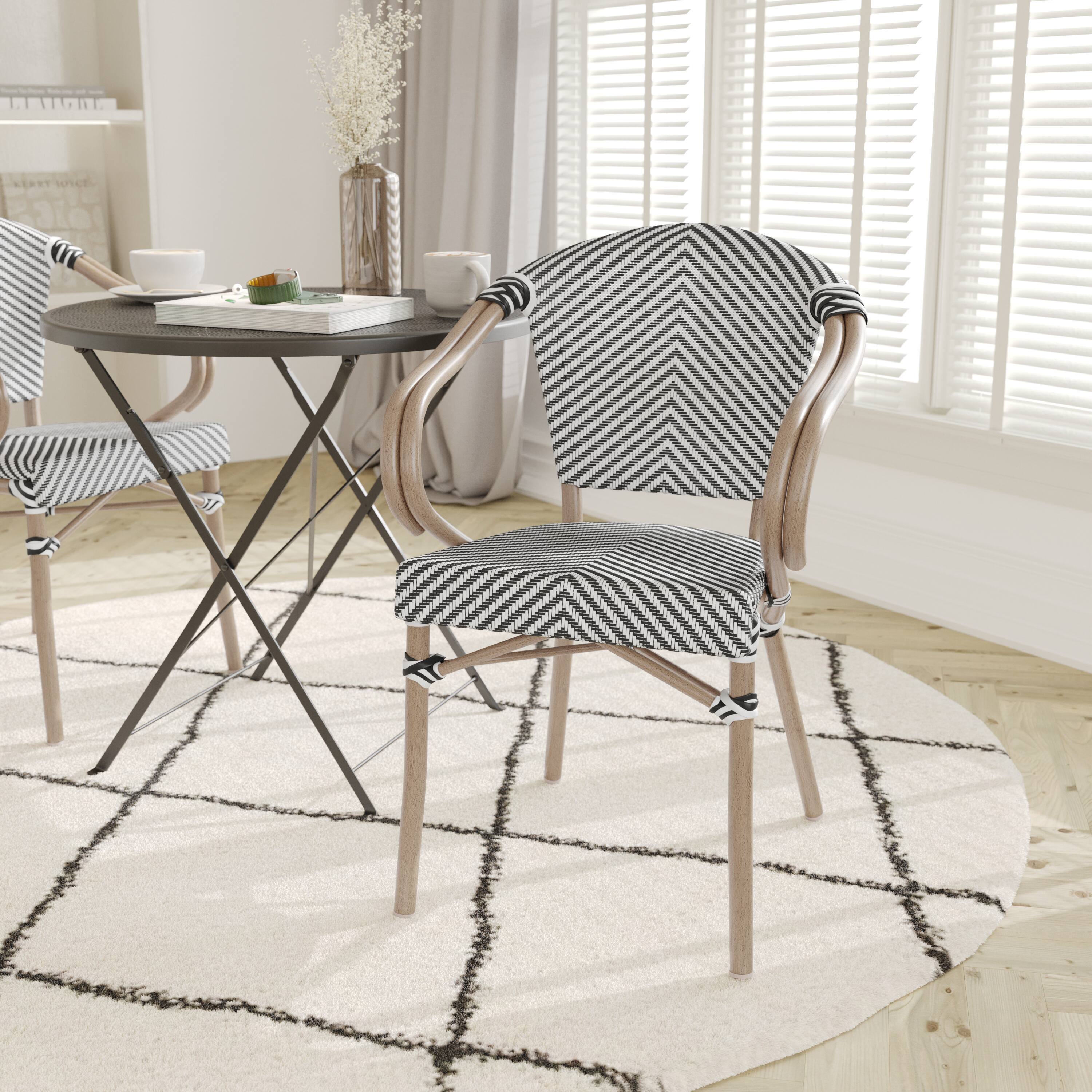 Alt View 1. Emma + Oliver - Massalia Indoor/Outdoor Stacking Thonet Bistro Style Chair with Arms, Textilene Seat and Bamboo Finished Metal Frame - Black & White/Light Natural Frame.