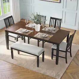 Loheer - 6-Piece Dining Set for 6, Extendable Farmhouse Table with Bench and Upholstered Chairs - Espresso, Black, Beige