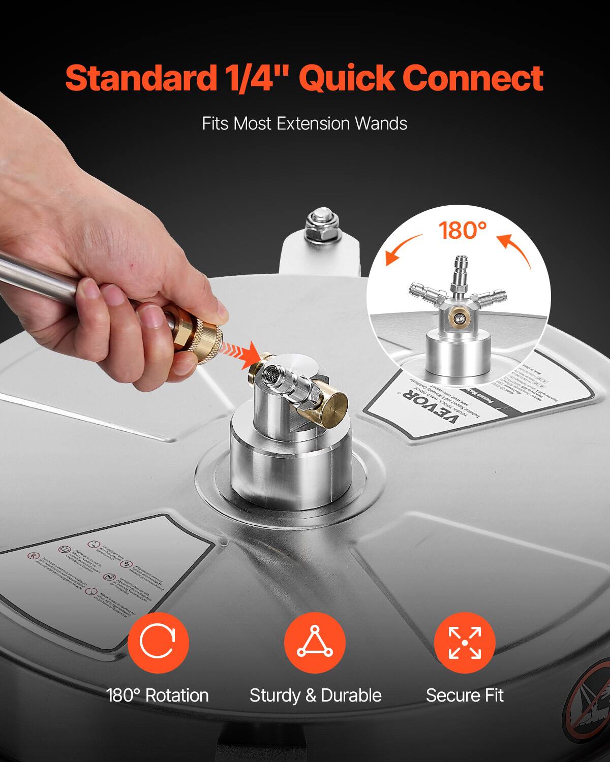 Standard 1/4" Quick Connect  
Fits Most Extension Wands  

180° Rotation  
Sturdy & Durable  
Secure Fit