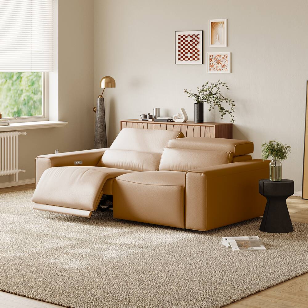 Angle. POVISON - 78.74" Power Loveseat Sofa Reclining Couch Sofa, Modular Recliner Couch,Power Outlet, Adjustable Headrest, Khaki - Khaki Sustainable Leather.