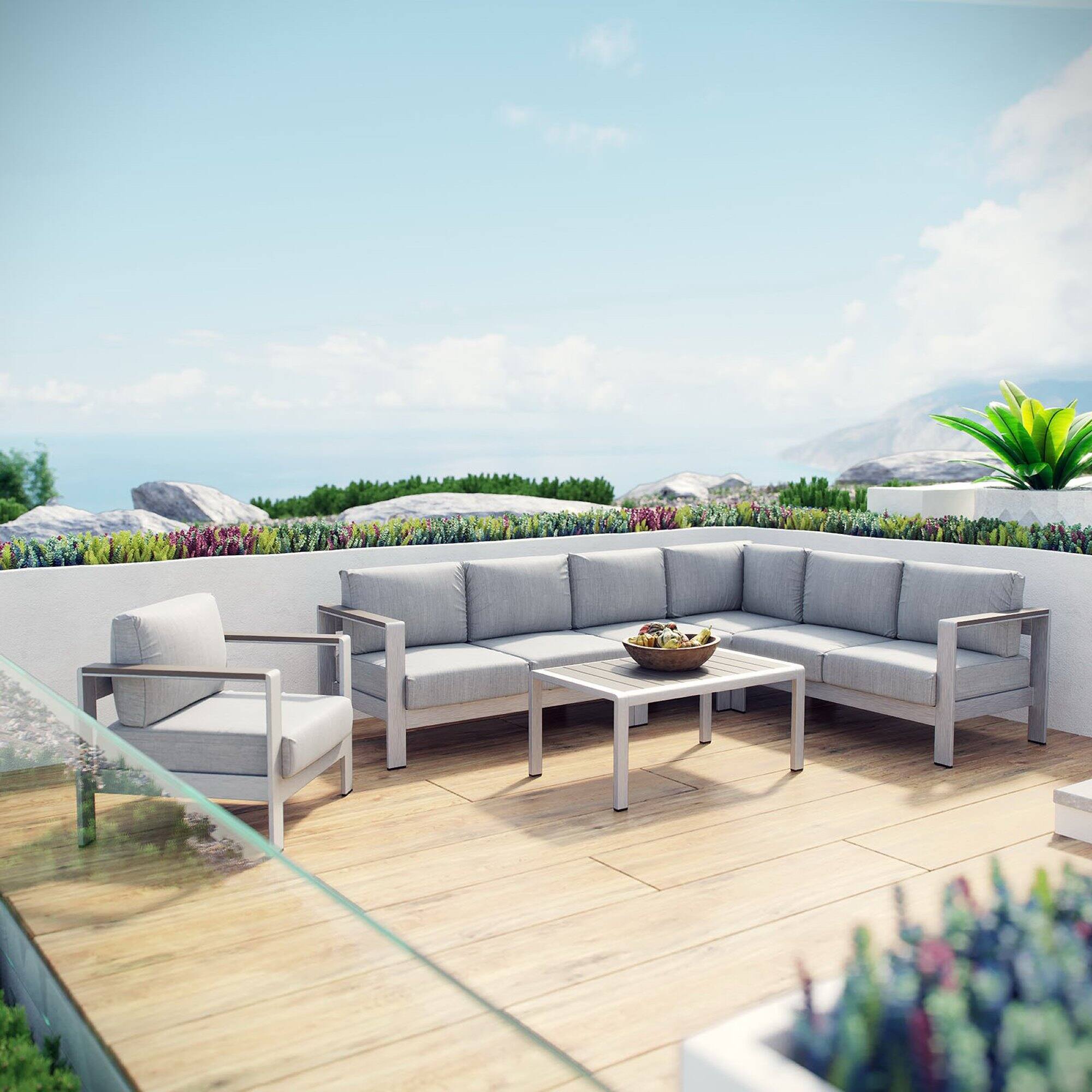 Alt View 4. Modway - Shore 6-Piece Outdoor Aluminum Sectional Sofa Set, All-Weather Cushions - Silver Gray.