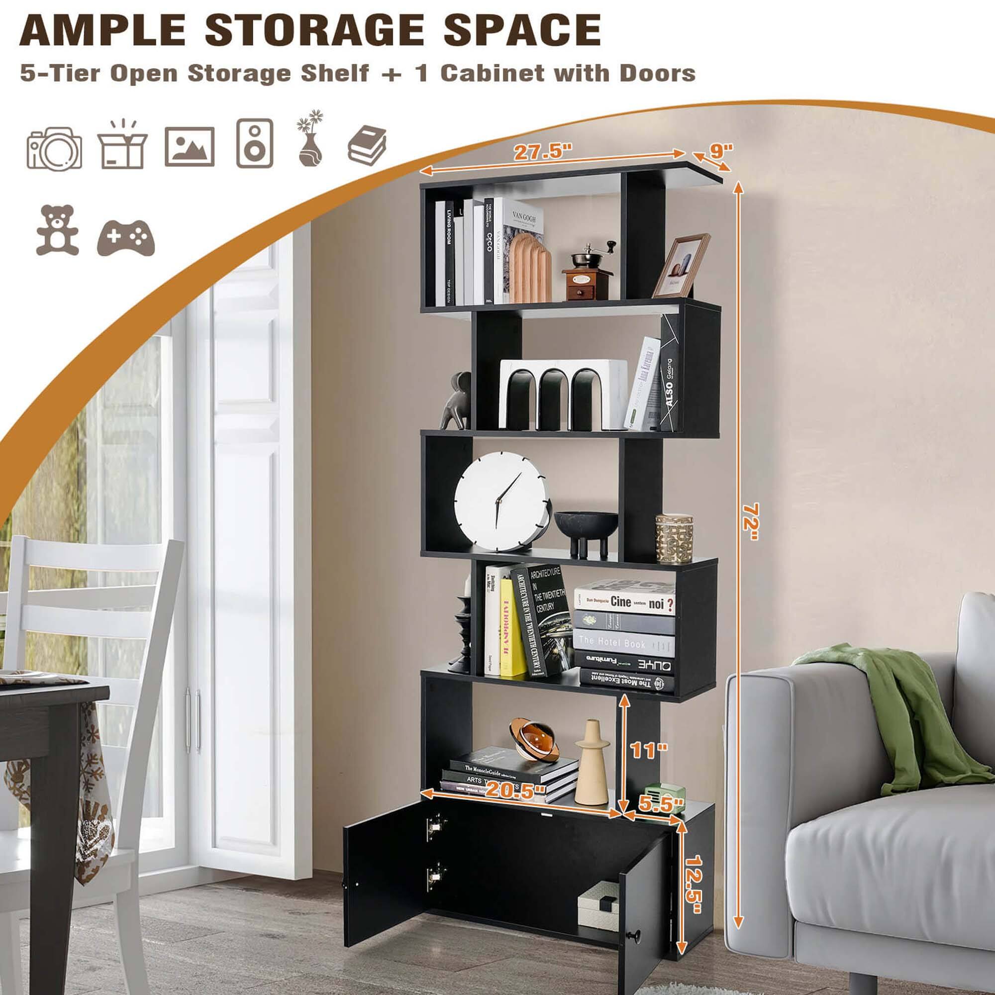 Ample Storage Space 5-Tier Open Storage Shelf + 1 Cabinet with Doors 27.5" 9" + Noah Fes to OETV ROSU & NR 2 a08 Cine noi? 1he Metal Book TR n n nhinon m m 72" - M 20:5 11" 5.5" 12.5"