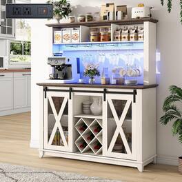 Espafurni - 47"W x 56"H Farmhouse Coffee Bar Cabinet with Power Outlet, LED Light & Wine Rack - White