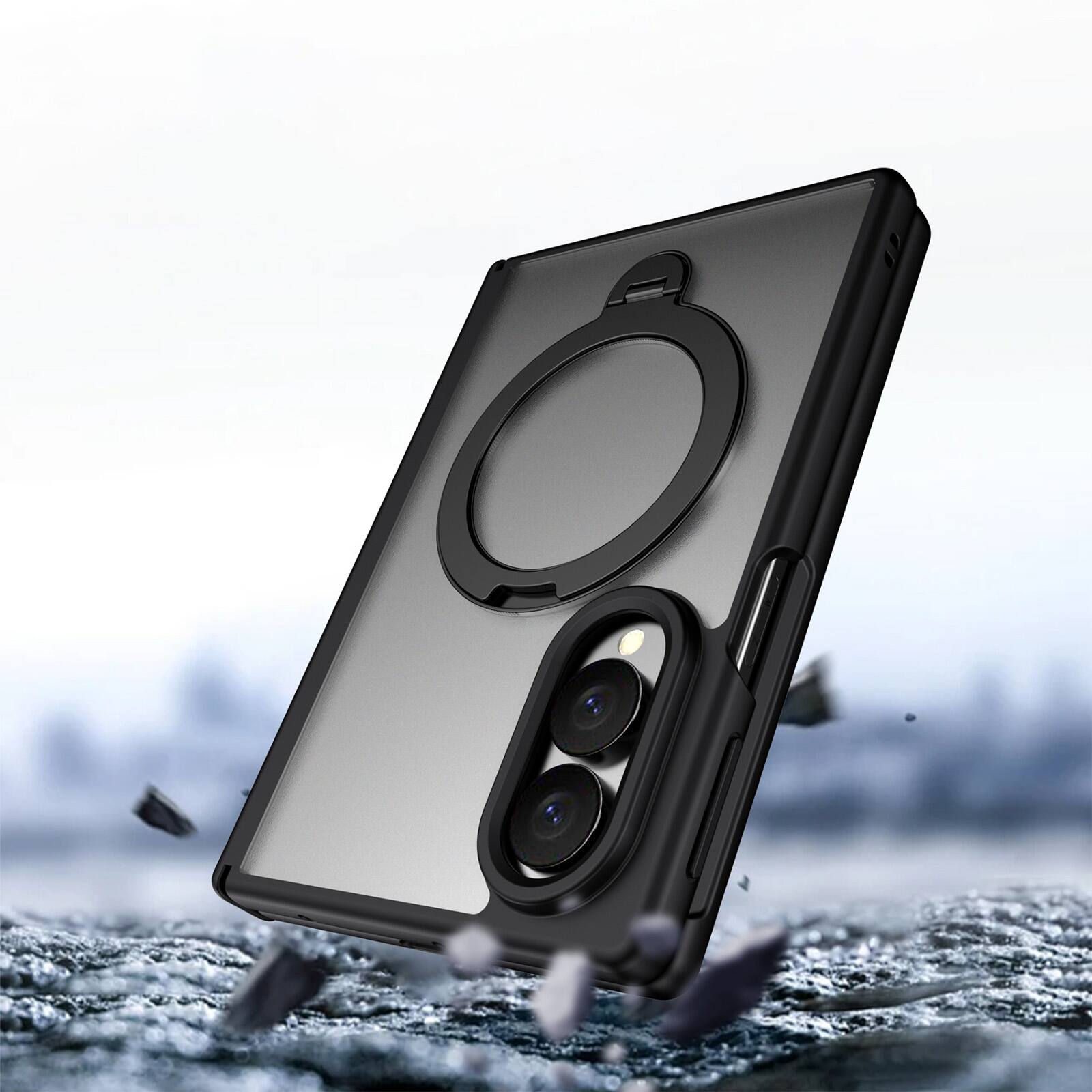 Alt View 3. Dteck - For Samsung Galaxy Z Fold8 Magnetic Case Built-in Screen Protector,Shockproof Ring Stand Clear Back Hinge Protect Cover - Black.