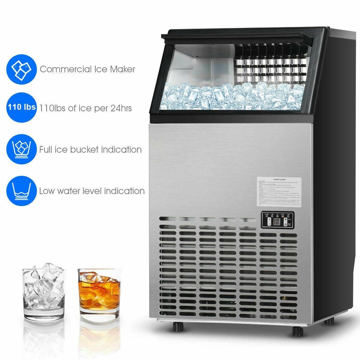 Commercial Ice Maker, 110 lbs of ice per 24hrs, Full ice bucket indication, Low water level indication