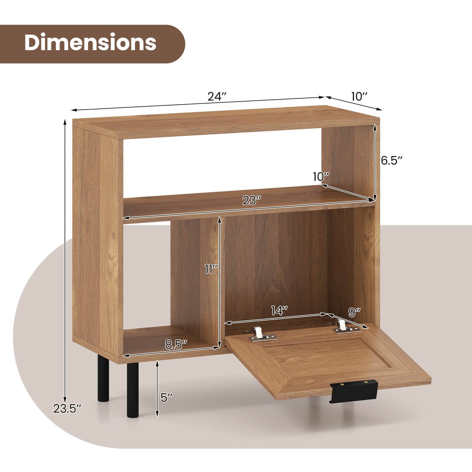 Dimensions:  
- 24" (width)  
- 10" (depth)  
- 6.5" (height of top shelf)  
- 23" (height of middle shelf)  
- 11" (depth of middle shelf)  
- 14" (width of sink)  
- 9" (depth of sink)  
- 8.5" (width of bottom shelf)  
- 23.5" (overall height)  
- 5" (height of legs)